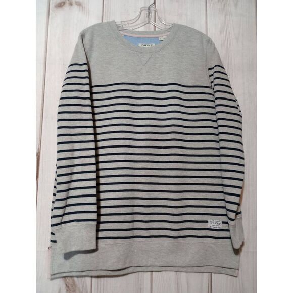 Orvis Sweatshirt Ladies Large Gray Navy Striped - Picture 1 of 10